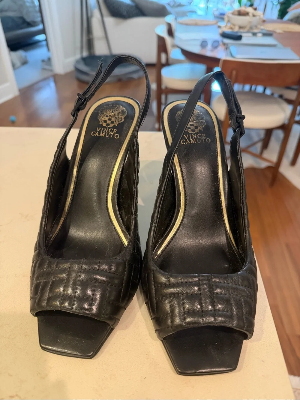 Vince Camuto Black Quilted Leather Slingback Heels